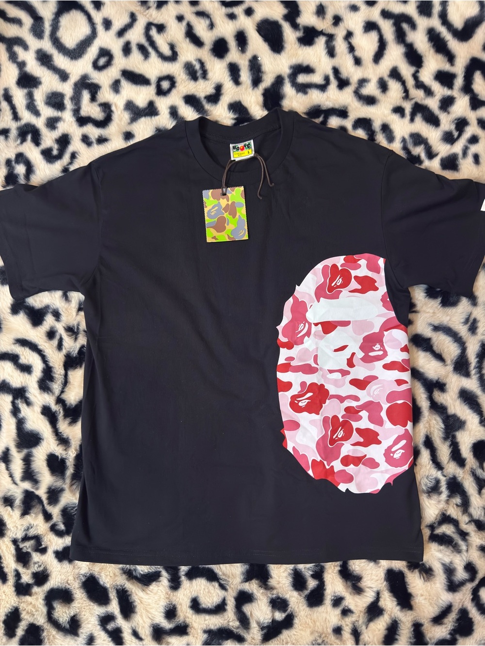 Bape Black Short-Sleeve Tee with Pink and Red Camo Ape Head